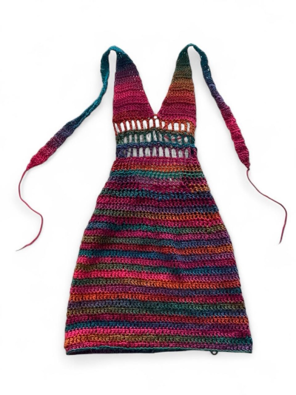 Unique handmade crochet rainbow halter tie mini dress with open back Size XS